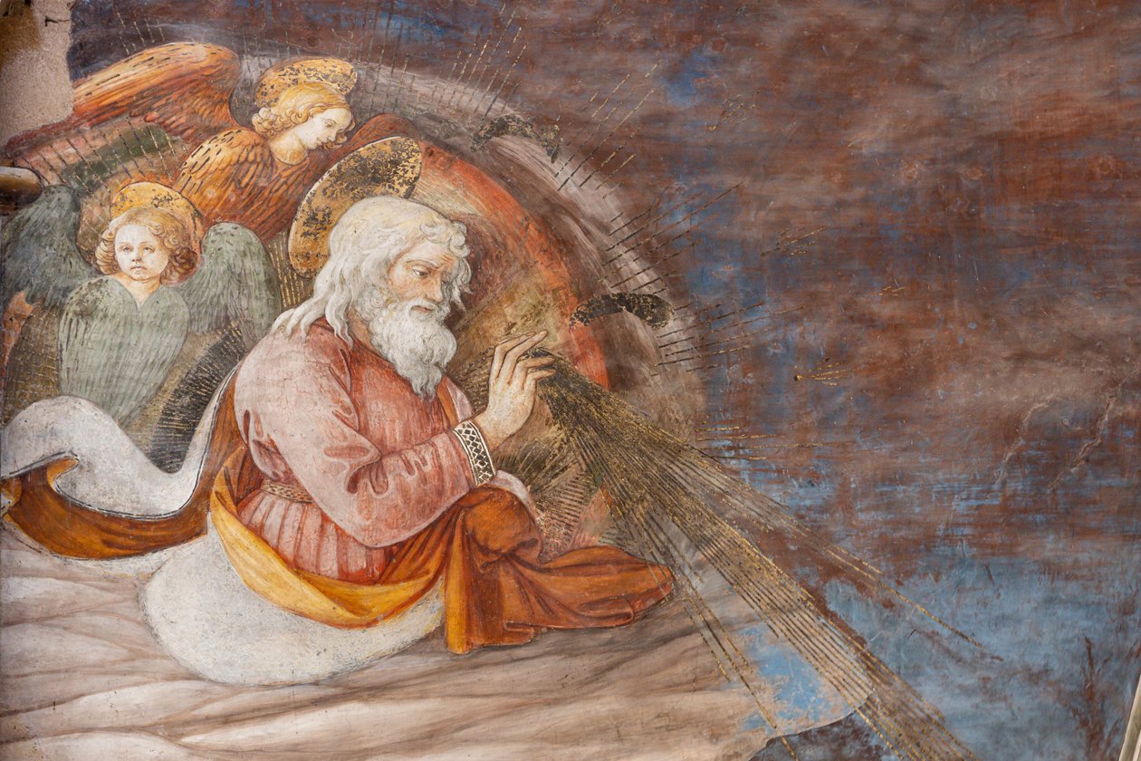 Jumala ja kaksi enkeliä, yksityiskohta Marian kruunauksesta tekijältä Filippo Lippi