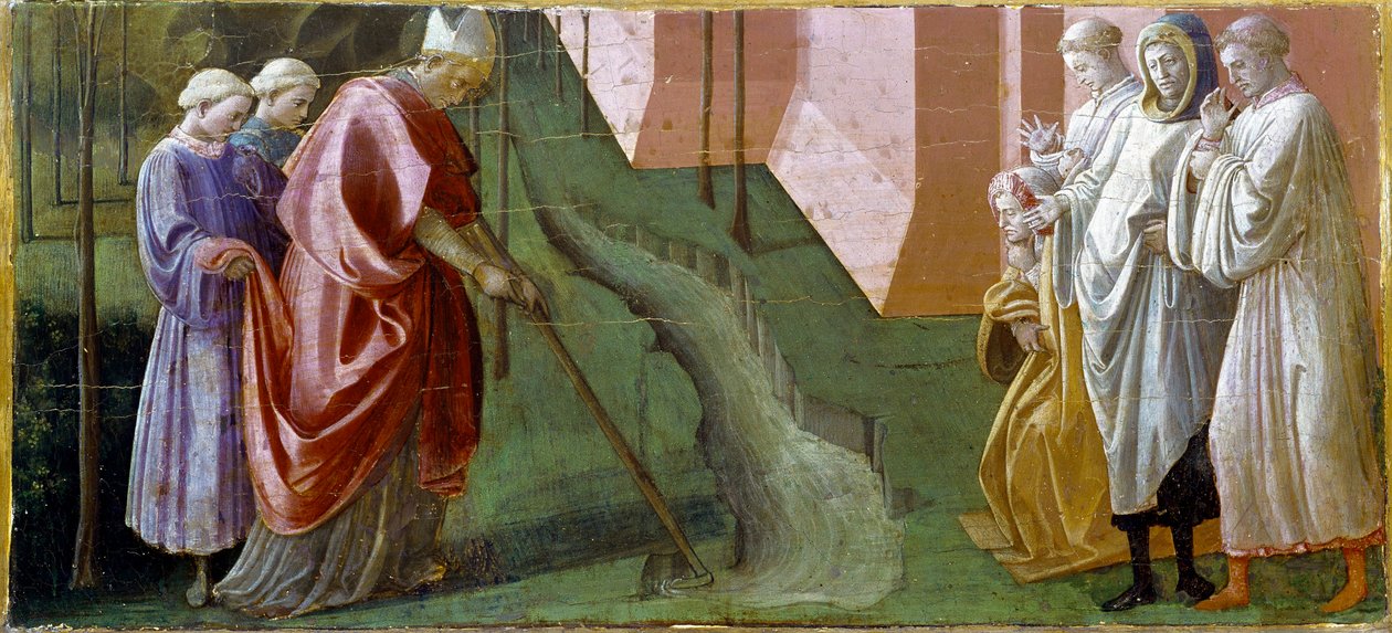 Pala Barbadori: "" Saint Fridian (Frigidian tai Frigdian tai Frediano) Luccan piispa, pysähtyy rukouksilleen Serchio-joen tulvimisen"" Trempe puulla kirjoittanut Filippo Lippi (n. 1406-1469) Florence Galleria degli Uffizi (toimistot) - Barbin Predella tekijältä Filippo Lippi