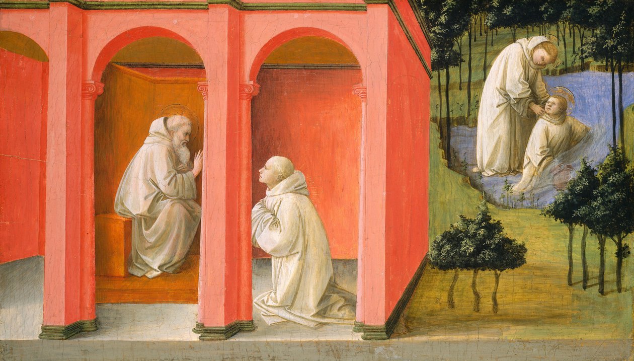 Pyhä Benedictus määräsi pyhän Mauruksen Pyhän Placiduksen pelastukseen, n. 14451450. tekijältä Filippo Lippi