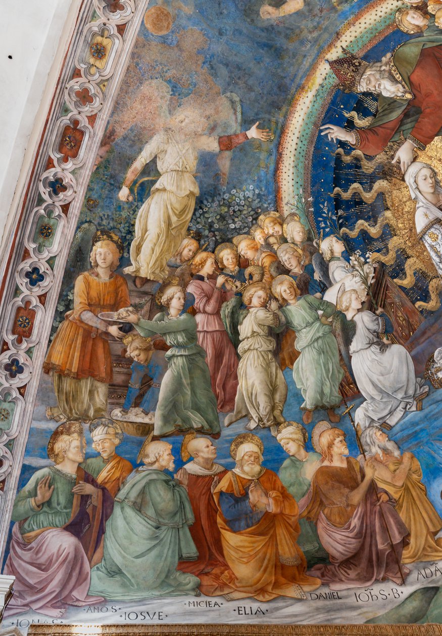 Pyhät ja enkelit, yksityiskohta Marian kruunauksesta tekijältä Filippo Lippi