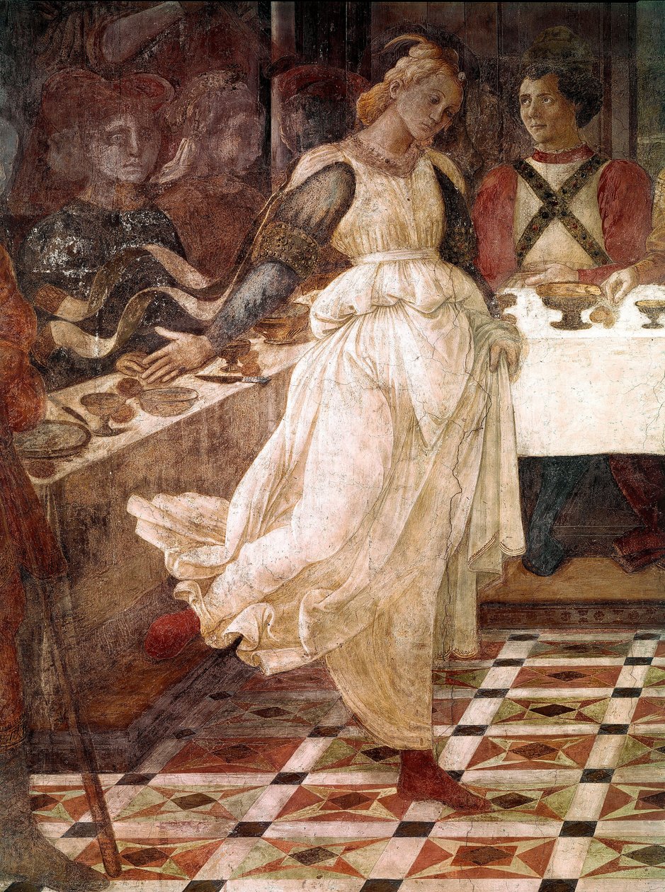 Herodeksen juhlat, jaksot Pyhän Johannes Kastajan (Johannes Kastajan) elämästä. Salomea edustava yksityiskohta. Filippo Lipin (1406-1469) fresko, n. 1452-1464 Cathedrale de Prato, Italia tekijältä Filippo Lippi
