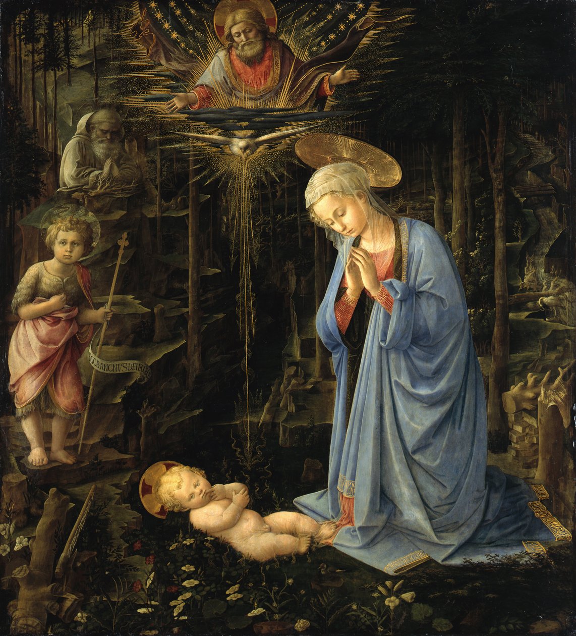 Neitsyt palvoo lasta / Palvonta metsässä, Pyhä perhe ja nuori Johannes. tekijältä Filippo Lippi