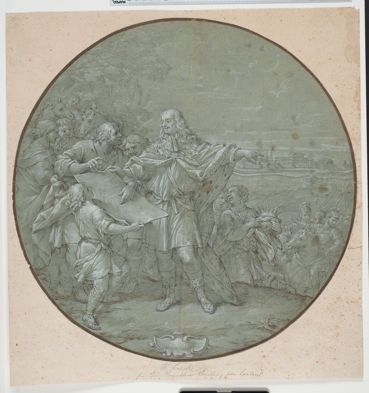Cosimo III linnoittaa Livornon satamaa. Piirretty malli hopealevylle, yksi ns. "piatti di S. Giovanni" tekijältä Filippo Luzi
