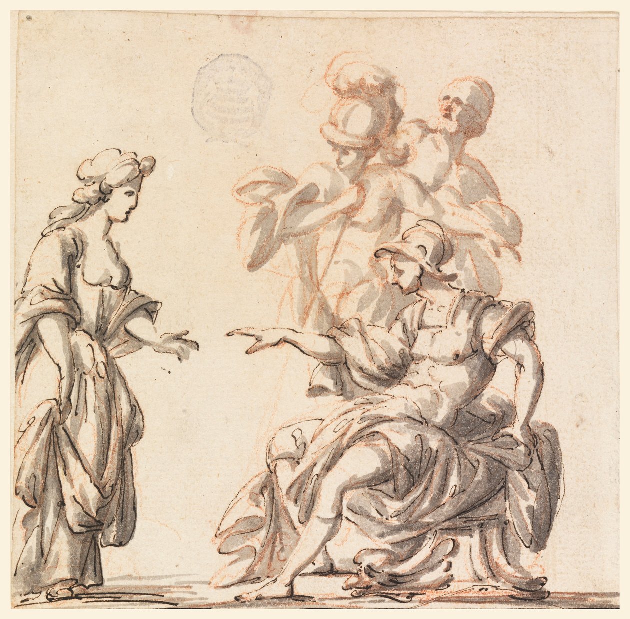 Piirros, Klassinen soturi vastaanottaa naisen, 1700-luvun puoliväli tekijältä Filippo Marchionni