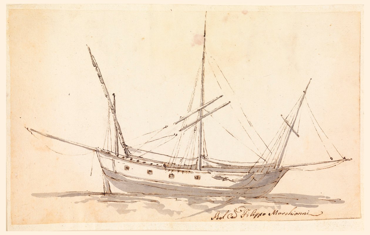 Piirros, Purjelaiva, n. 1780 tekijältä Filippo Marchionni