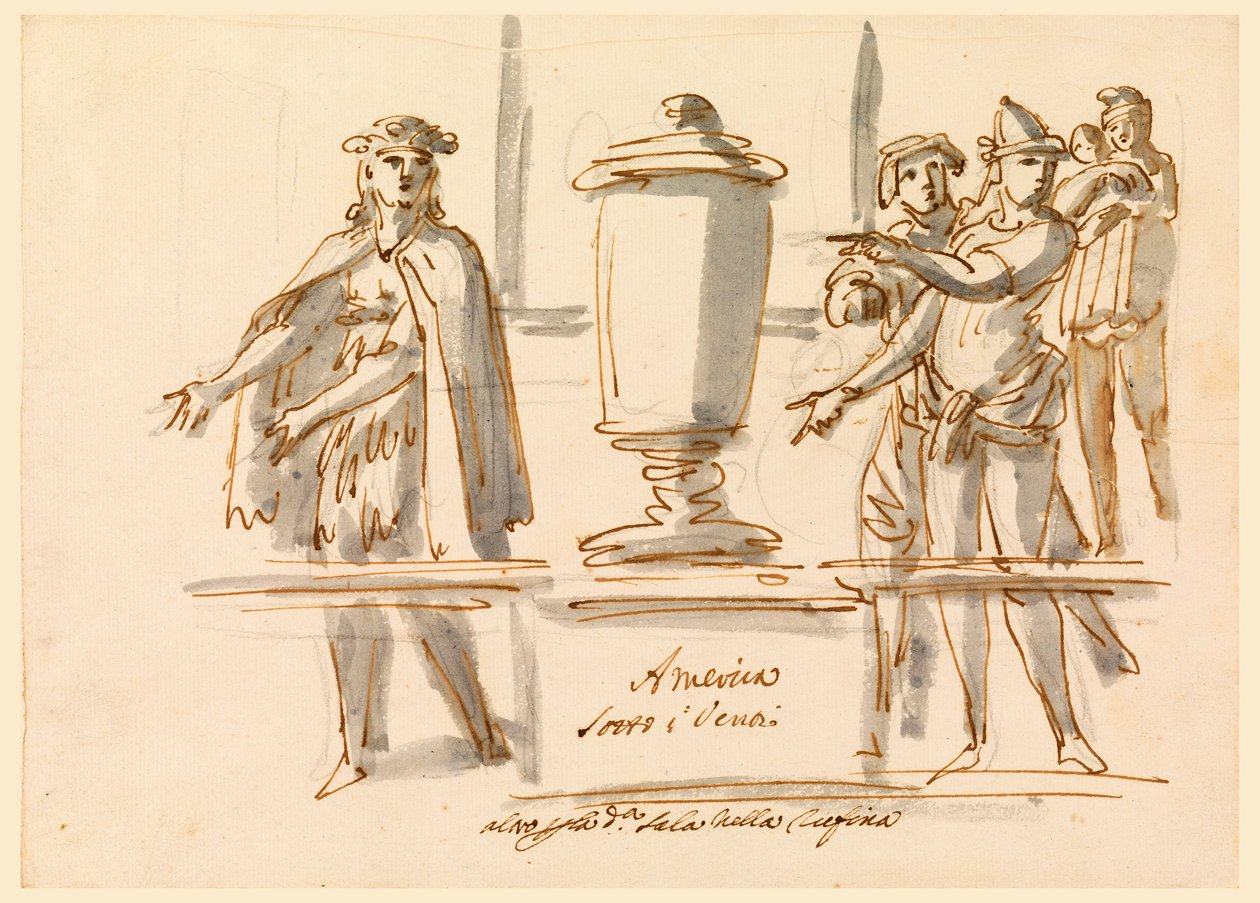 Piirros, Allegoria Amerikasta, kardinaali Falconierin salongin koristelu Frascatissa, 18.-19. vuosisata. tekijältä Filippo Marchionni