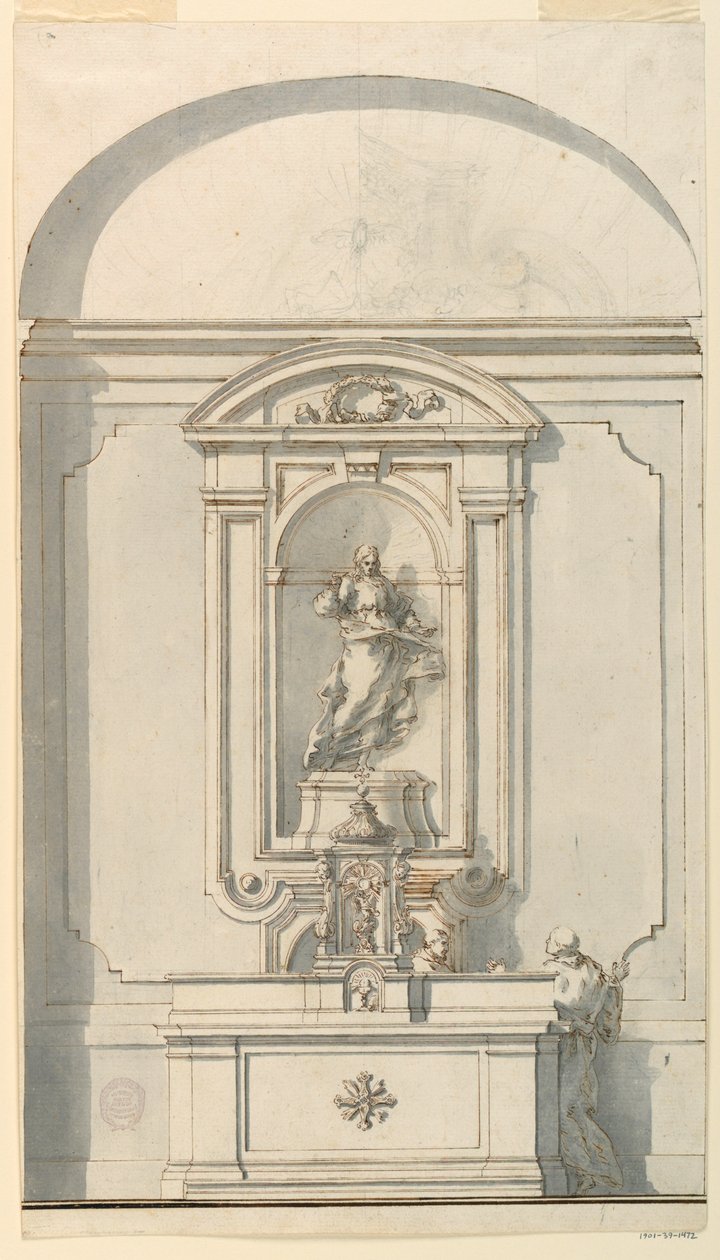 Piirros, alttari, tabernaakkeli ja kaksi pappia keskustelemassa, 1750-75. tekijältä Filippo Marchionni