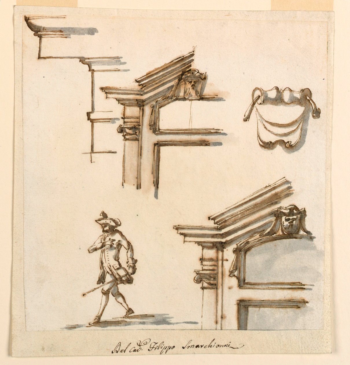 Piirustus, arkkitehtoniset yksityiskohdat ja hahmotutkimus, 1760-75 tekijältä Filippo Marchionni