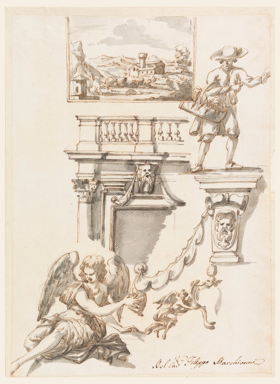 Piirustus, arkkitehtuuri ja hahmotutkimus, 1750-90 tekijältä Filippo Marchionni