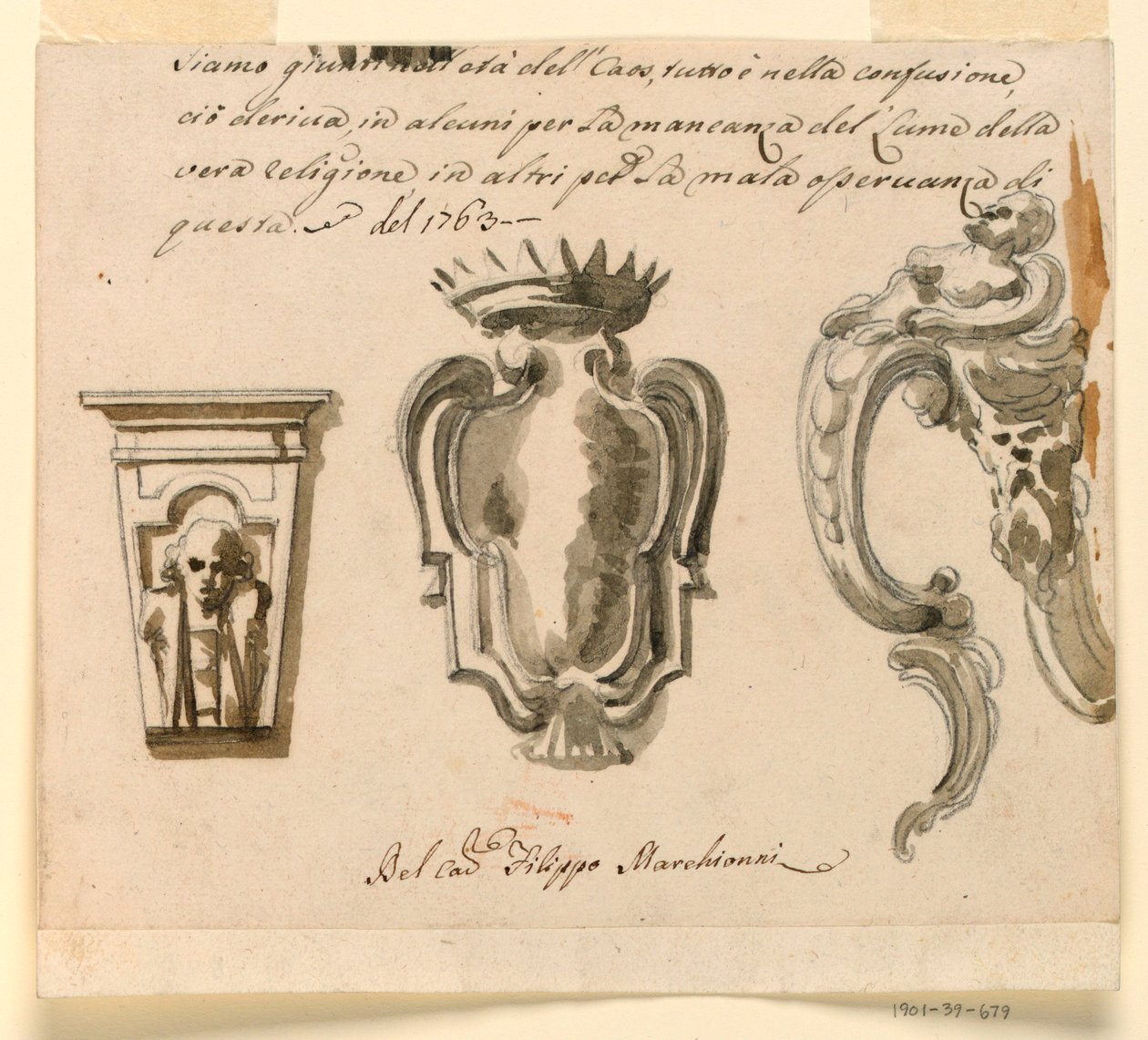 Piirustus, konsolin ja lippuselän luonnos, 1763 tekijältä Filippo Marchionni