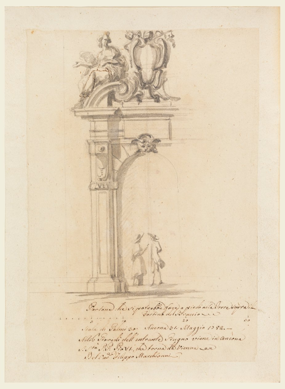 Piirustus, Porttisuunnitelma Saksasta palaavan paavi Pius VI:n vastaanottoa varten Anconassa toukokuussa 1782. tekijältä Filippo Marchionni