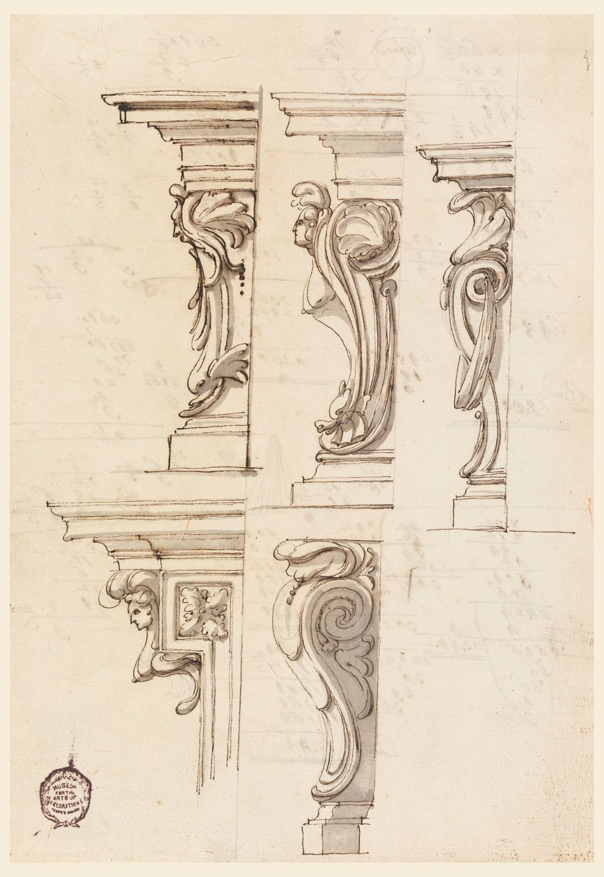 Piirustus, Viisi kulmamotiivia, n. 1750 tekijältä Filippo Marchionni