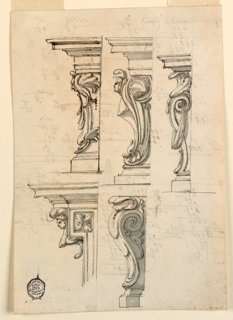 Piirustus, Viisi kulmamotiivia, n. 1750 tekijältä Filippo Marchionni