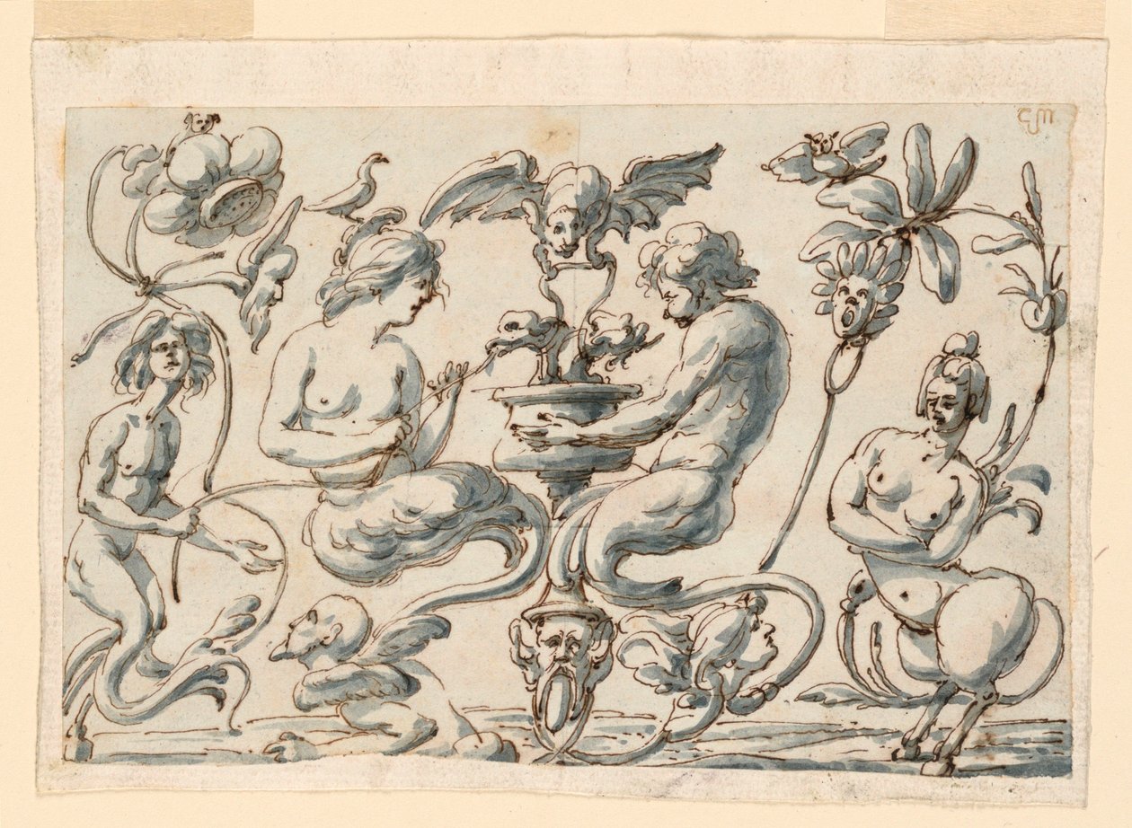 Piirustus, groteski pitkulaiselle paneelille, 1730-50 tekijältä Filippo Marchionni