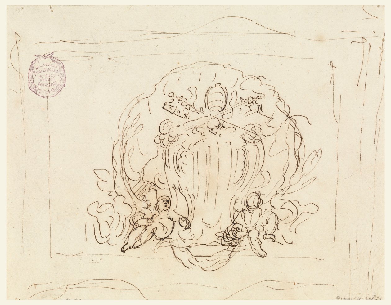 Piirros, Paavi Benedictus XIV:n vaakunalla varustettu taulu, taustalla kuori, 1740-58. tekijältä Filippo Marchionni