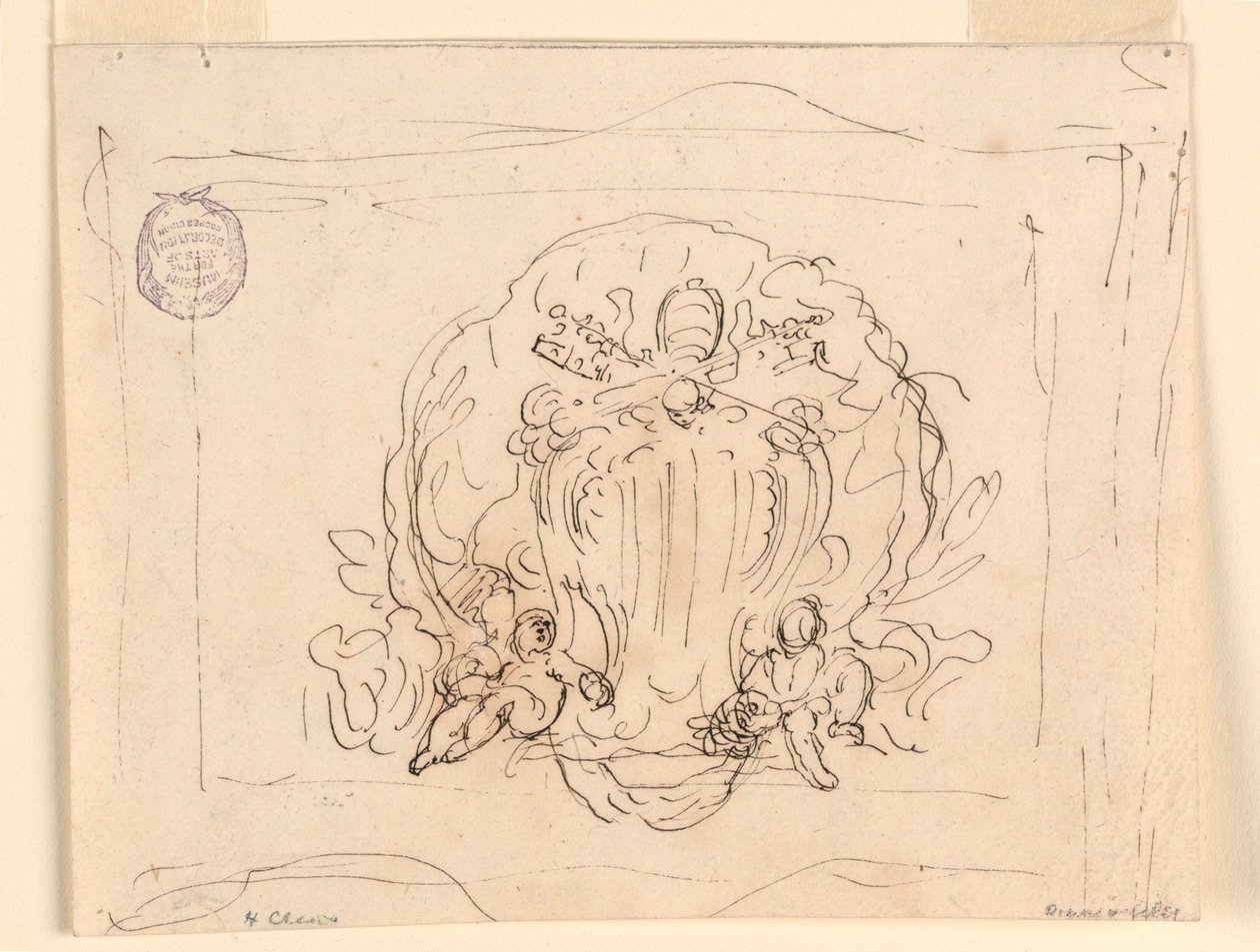 Piirros, Paavi Benedictus XIV:n vaakunalla varustettu taulu, taustalla kuori, 1740-58. tekijältä Filippo Marchionni