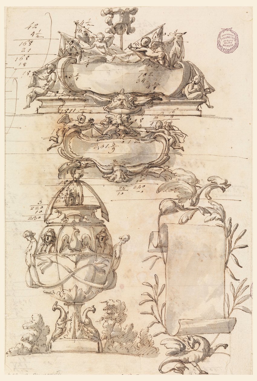 Piirustus, Kaksi lippalappua, koristeellinen maljakko ja käärö, 1750-75 tekijältä Filippo Marchionni