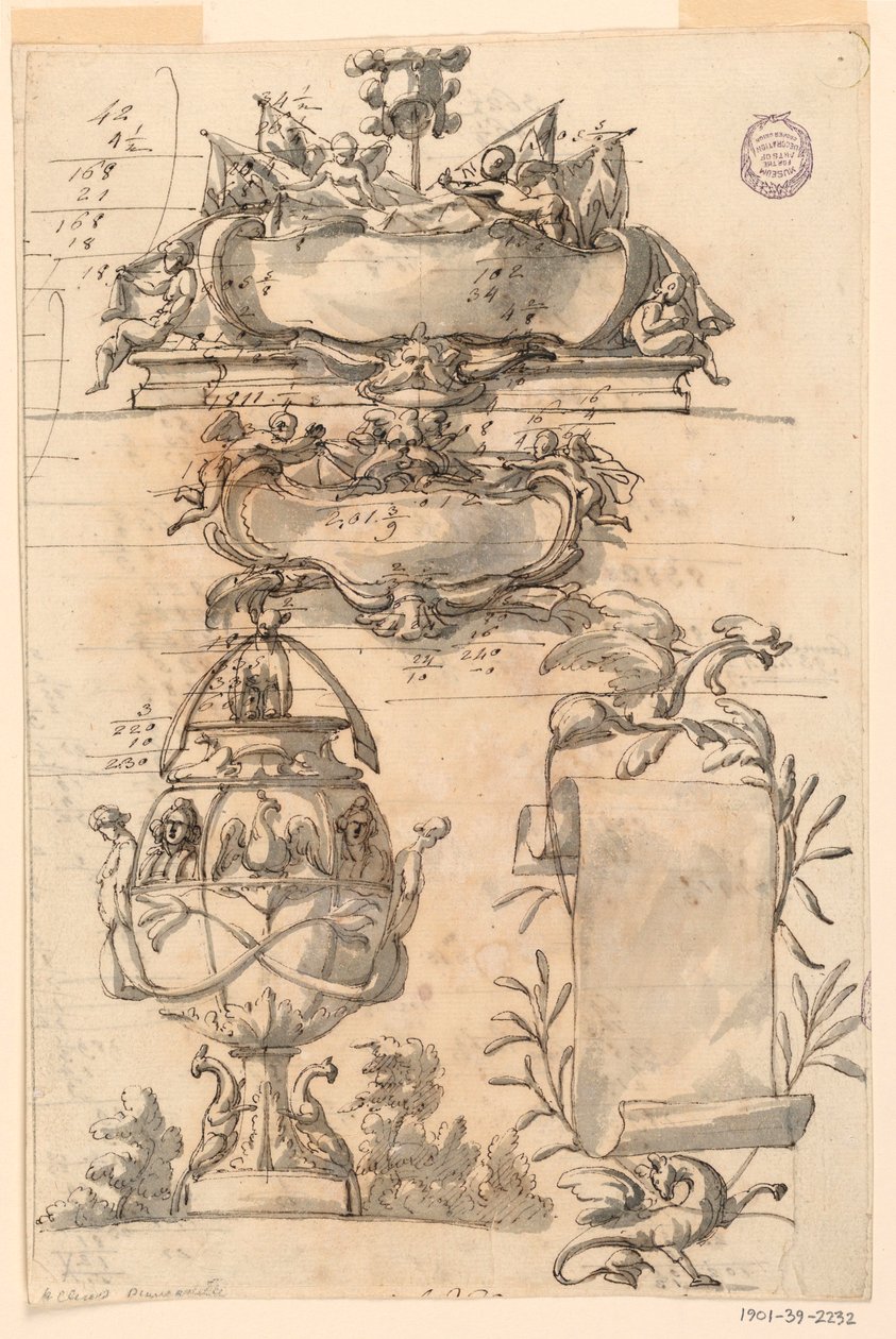 Piirustus, Kaksi lippalappua, koristeellinen maljakko ja käärö, 1750-75 tekijältä Filippo Marchionni