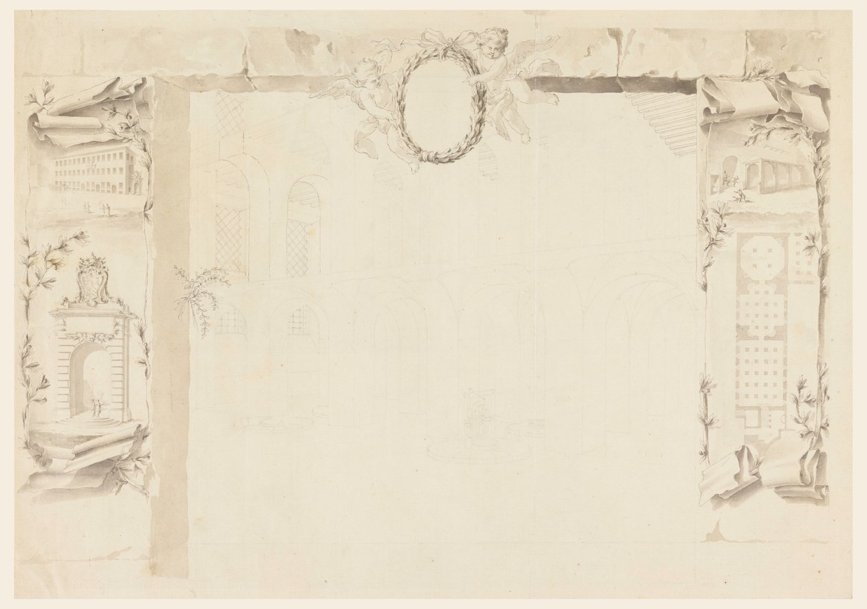 Piirustus, keskeneräinen suunnitelma muistolehtistä, joka viittaa paavin tehtaan pystyttämiseen (Magazins of Annona), 1760-69. tekijältä Filippo Marchionni