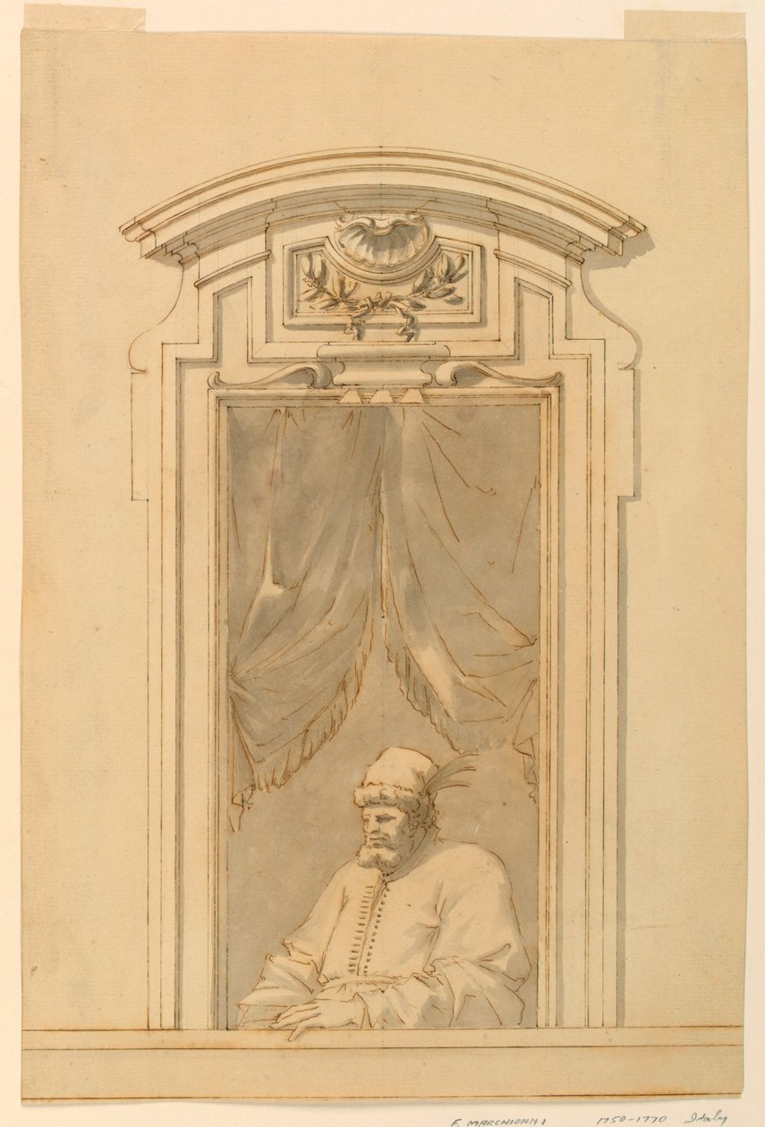 Piirustus, Ikkunalaatikko ja puolikas turkkilaishahmo, 1750-70 tekijältä Filippo Marchionni