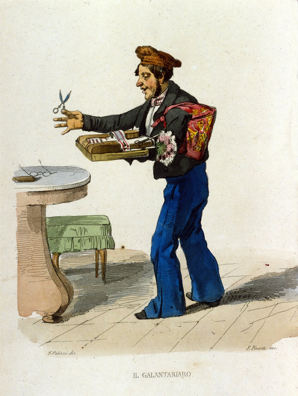 Galantry kauppiaat (pikkukauppiaat) Napolissa. Nämä katukauppiaat tarjosivat kosmetiikkaa. - Värillinen kuparikaiverrus F. Palizzan maalauksen jälkeen (Francesco de Bourcardin "Costumi del regno"). tekijältä Filippo Palizzi