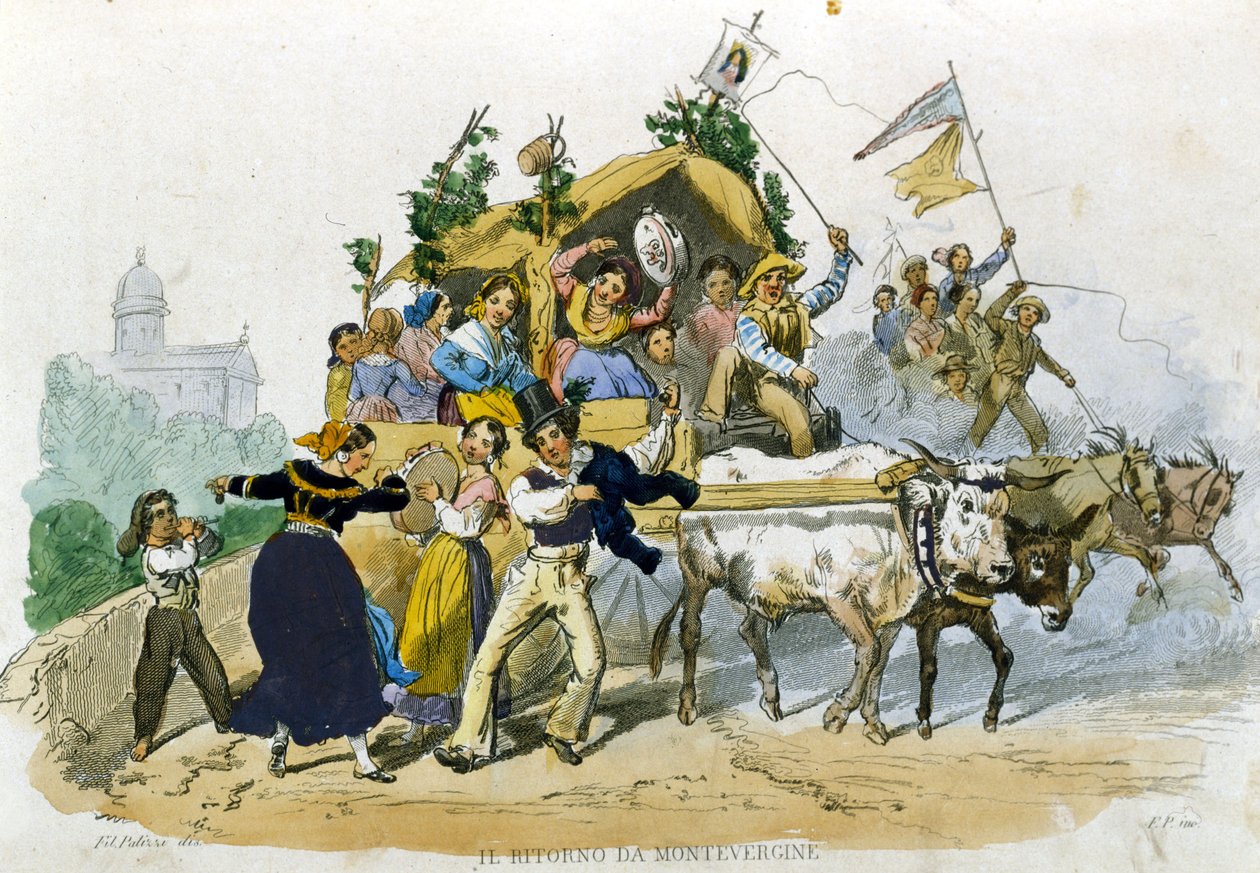 Napolilaiset palaavat iloisina matkalta Montevergineen. F. Palizzin piirros De Bourcardin "Custumi del regno di Napoli" -kappaleesta tekijältä Filippo Palizzi