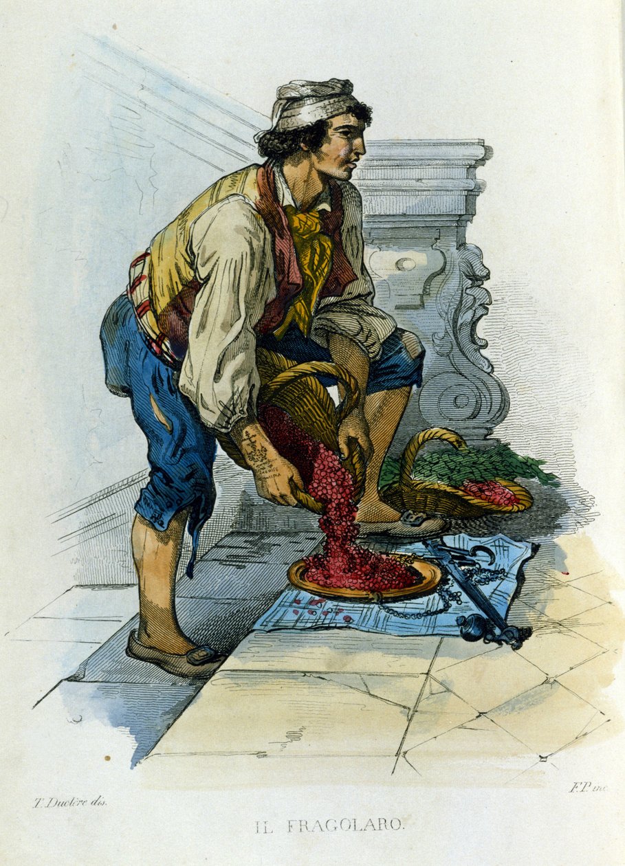 Napolin kaupungin pienyritys: "fragolaro", napolilainen mansikkakauppias. Kaiverrus F. Palizzan maalauksen jälkeen. Francesco de Bourcardin teoksesta "" Costumi del regno di Napoli"" tekijältä Filippo Palizzi
