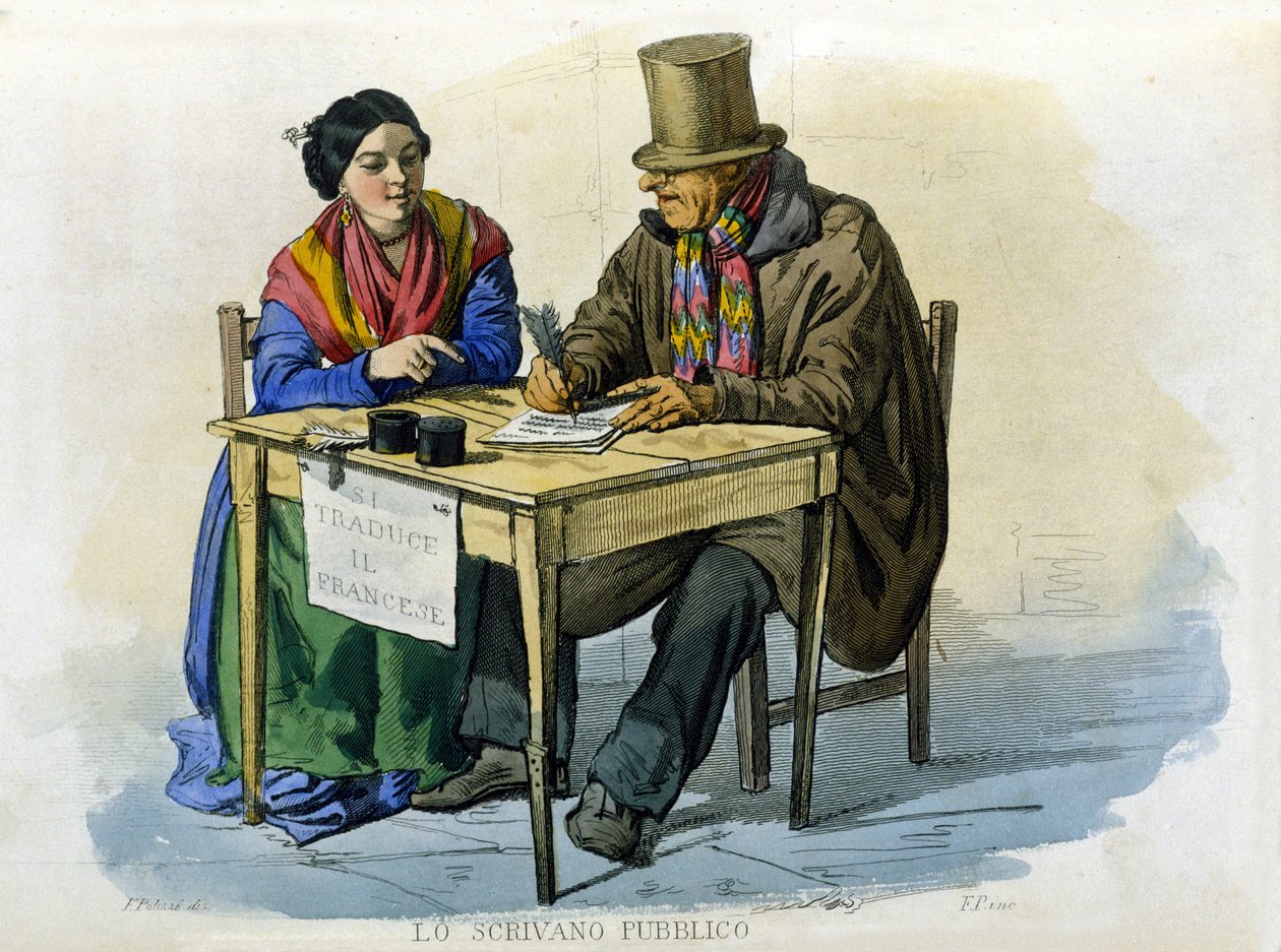 Napolin kaupungin pienyritys: julkinen kirjailija. Kaiverrus F. Palizzan maalauksen jälkeen. Francesco de Bourcardin teoksesta "" Costumi del regno di Napoli"" tekijältä Filippo Palizzi