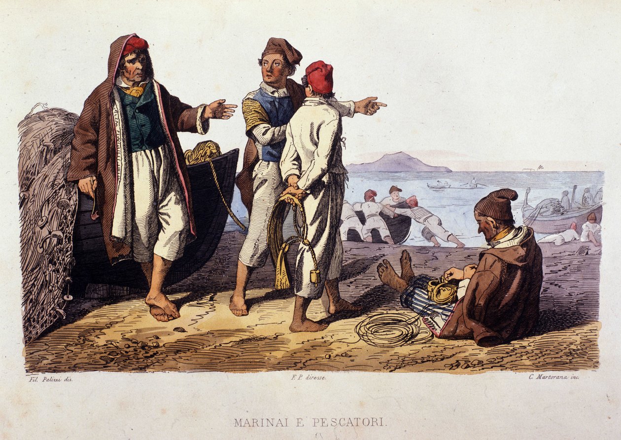 Napolin kuningaskunnan pieni joukko: merimiehiä ja kalastajia. Kaiverrus F. Palizzan maalauksen jälkeen. Francesco de Bourcardin teoksesta "" Costumi del regno di Napoli"" tekijältä Filippo Palizzi