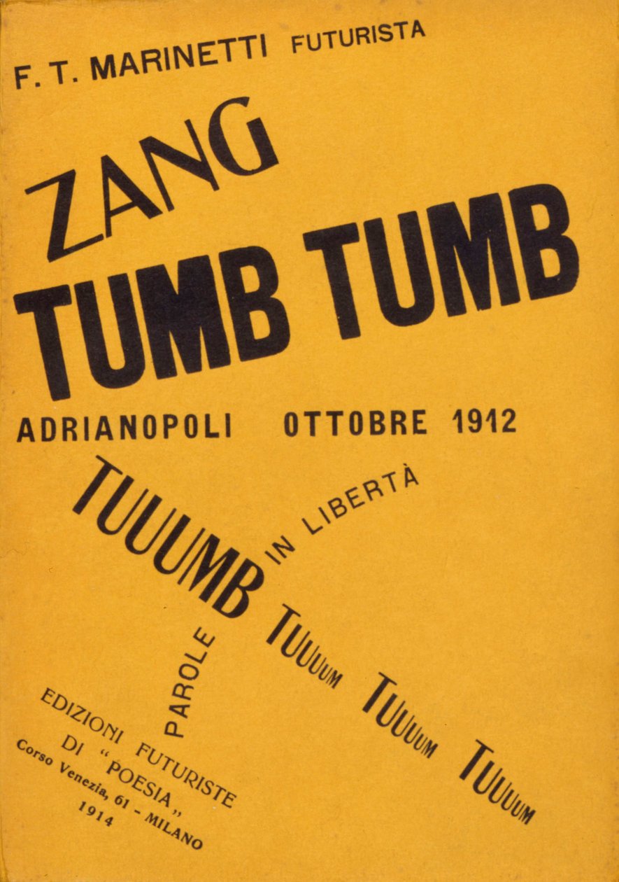 Kansi Filippo Tommaso Marinettin kirjasta ""Zang Tumb Tumb"" vuodelta 1912. yksityinen kokoelma Milano tekijältä Filippo Tommaso Emilio Marinetti