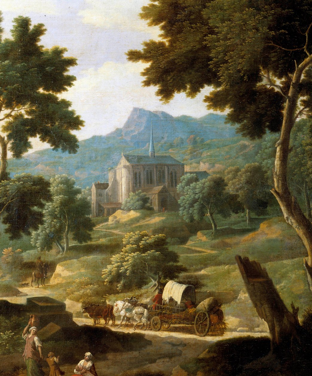 Maisema ja kirkko Yksityiskohta Filippo Veralin (Veralli tai Veraldi) maalauksesta (1600-luku) Orleansin taidemuseo tekijältä Filippo Verali