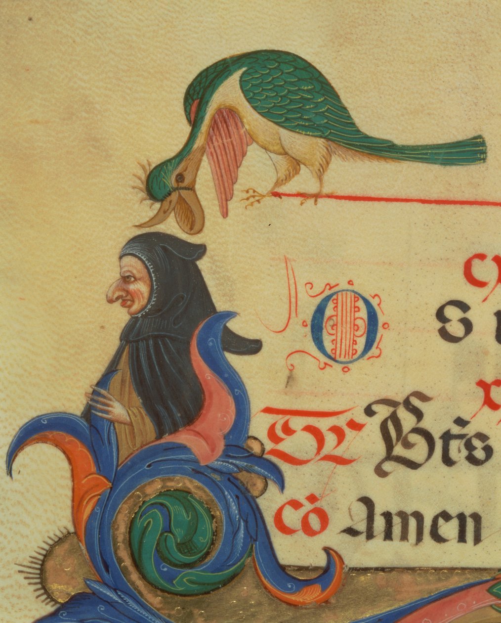 Missali 515 42r Fantastinen lintu istuu viitan peittämän hahmon yläpuolella, yksityiskohta koristellusta alkukirjaimesta R ja reunus kuorokirjasta, joka on tehty ennen vuotta 1449, pergamentti yksityiskohta 56727 tekijältä Filippo di Matteo Torelli
