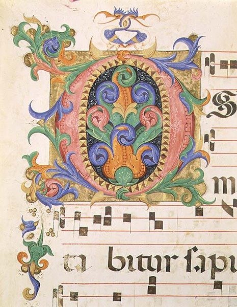 Missal 515 f.123r Alkukirjain "O", koristeltu lehvillä ja fantastisilla lintuilla, yksityiskohta kuorokirjasta, joka valmistettiin ennen vuotta 1449 (vellum) tekijältä Filippo di Matteo Torelli