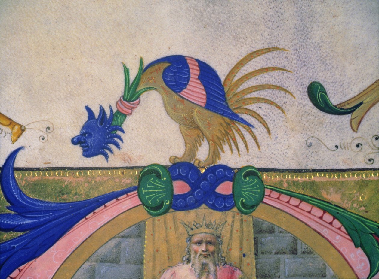 Missal 515 f.13v Fantastinen kaksijalkainen olento, jolla on ihmiskasvot, yksityiskohta koristeellisesta reunasta ennen vuotta 1449 tehdystä kuorokirjasta (yksityiskohta 56721) tekijältä Filippo di Matteo Torelli