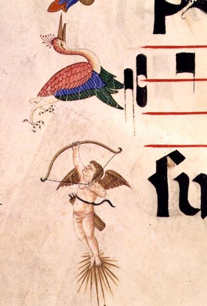 Missal 515 f.5r Kerubi ampumassa haikaraa jousella ja näkymättömällä nuolella, yksityiskohta koristeellisesta reunasta ennen vuotta 1449 tehdystä kuorokirjasta (vellum) tekijältä Filippo di Matteo Torelli