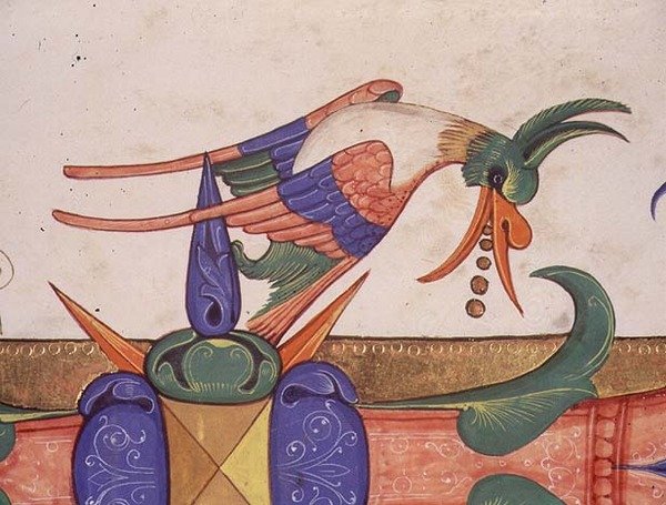 Missal 515 f.72v Fantastinen lintu, koristelu yksityiskohta historiallisesta alkukirjaimesta "L" kuorokirjasta, joka valmistettiin ennen vuotta 1449 (vellum) (yksityiskohta 56719) tekijältä Filippo di Matteo Torelli
