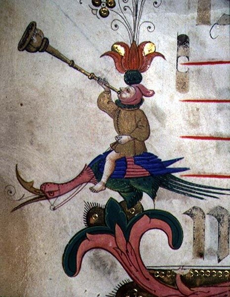 Missal 515 f.9r Torvea puhaltava hahmo, kiinnitetty valjastettuun lintuun, yksityiskohta koristeellisesta reunasta ennen vuotta 1449 tehdystä kuorokirjasta (88907:n yksityiskohta) tekijältä Filippo di Matteo Torelli