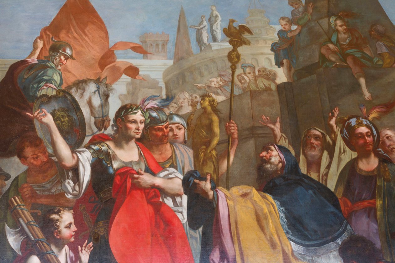 Caesar Aleksandrian muurien alla, kirjoittanut Felice Manassero, kuvakudos sarjakuva, eteinen, itäinen asunto, metsästysasunto, kirjoittanut Filippo Juvarra (1678-1736), Stupinigi, Piemonte, Italia tekijältä Filippo or Juvara Juvarra