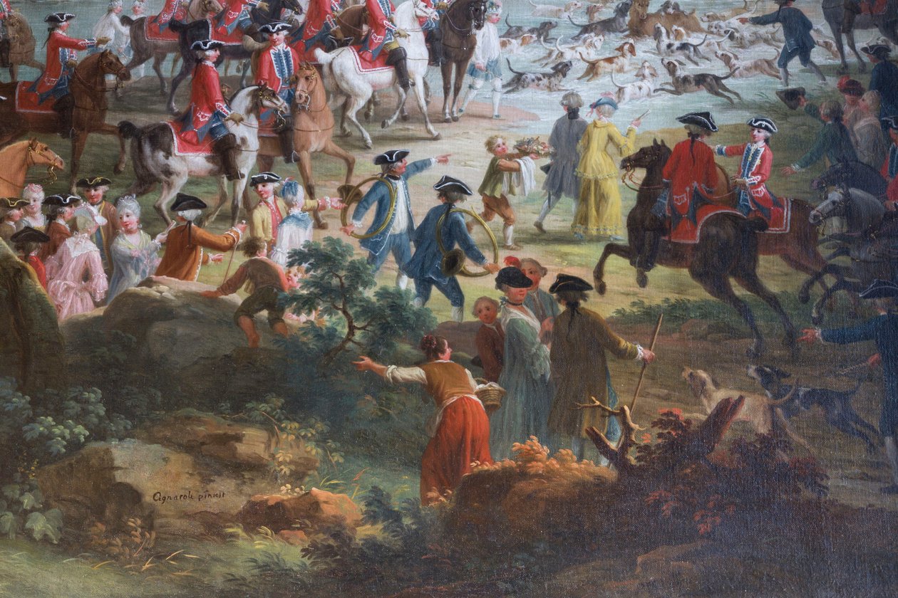 Hirvenmetsästys, Vittorio Amedeo Cignaroli (1730-1800), öljy kankaalle, Squires Hall, Metsästysasunto, Filippo Juvarra (1678-1736), Stupinigi, Piemonte, Italia tekijältä Filippo or Juvara Juvarra