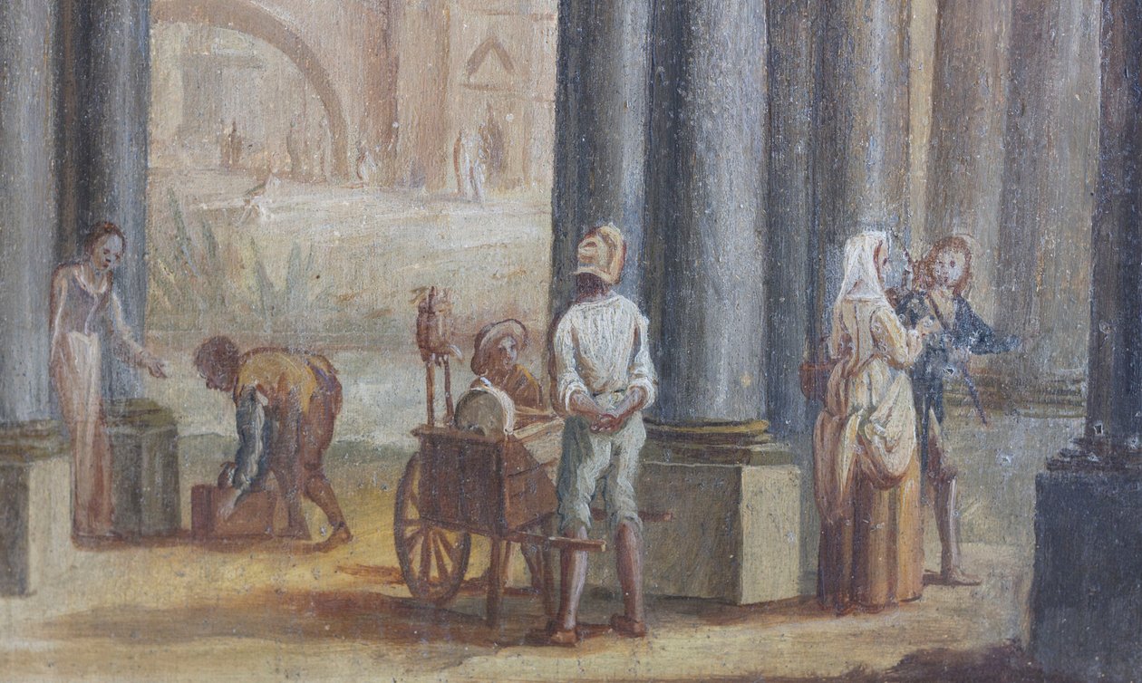 Genrekohtaus, öljy puulle, yksityiskohta salongin ikkunaluukkuista, Kuningattaren asunto, Metsästysasunto, kirjoittanut Filippo Juvarra (1678-1736), Stupinigi, Piedmont, Italia tekijältä Filippo or Juvara Juvarra