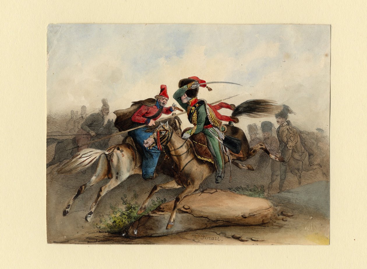 Keisarillisen kaartin ranskalaiset hevosetsaajat taistelussa Venäjän kasakkojen kanssa, n. 1830 tekijältä Finert