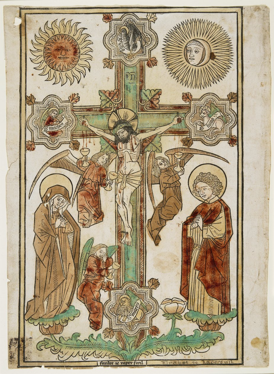 Krusifiksi, jossa on kolme enkeliä ja evankelistien symbolit, n. 1470-80 (käsinvärinen puupiirros punaisella, vihreällä, keltaisella ja vaalean ja tummanruskealla) tekijältä Firabet of Rapperswil Firabet of Rapperswil