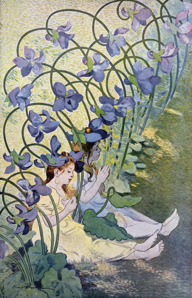 Violetit, eloisat kukat, 1897 (värikaiverrus) tekijältä Firmin Bouisset