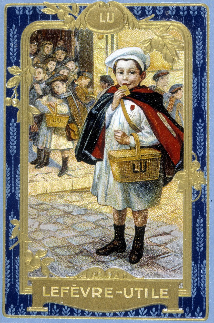 Evästeen mainos "" Lefèvre-Useful: Lu"" (koulupoika). sd. 1800-luvun kromolitografia Firmin Bouissetin alkuperäisen piirustuksen perusteella. tekijältä Firmin (after) Bouisset