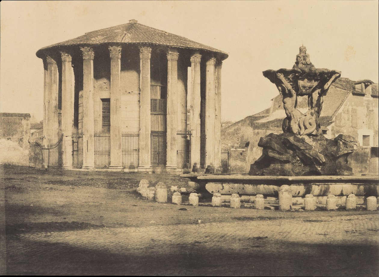 Vestan temppeli ja suihkulähde, Piazza Bocca della Verita, n. 1855. tekijältä Firmin Eugène Le Dien.