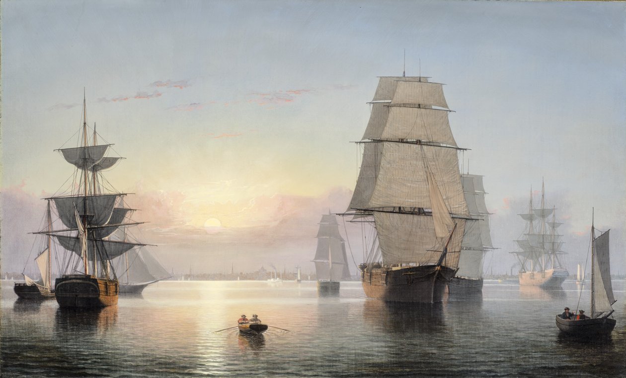 Bostonin satama, auringonlasku, 1850-55 tekijältä Fitz Henry Lane
