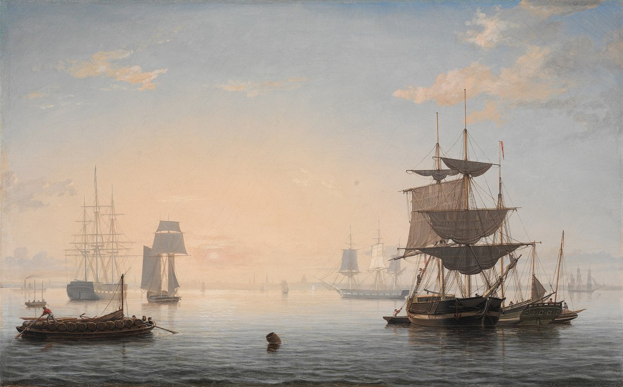 Bostonin satama, jossa kaupunki kaukana, n. 1846-47 tekijältä Fitz Henry Lane