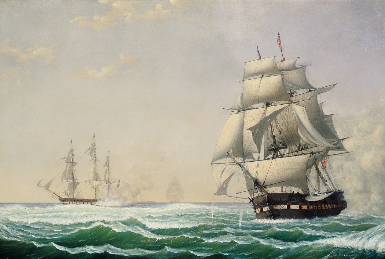 Yhdysvaltain fregattipresidentti ottaa brittilentueen vuonna 1815, 1850 tekijältä Fitz Henry Lane