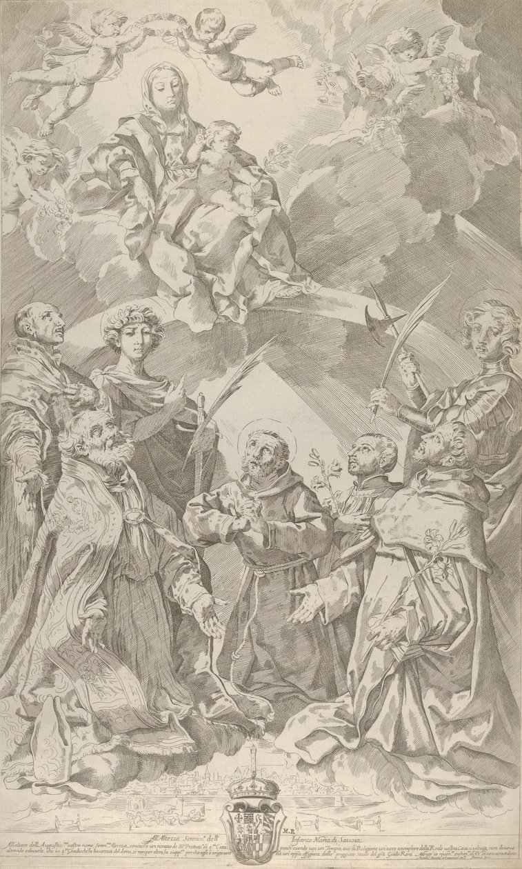 Bolognan suojeluspyhimykset katsovat ylöspäin Neitsyt, joka istuu pilvissä..., 1640-50. tekijältä Flaminio Torre