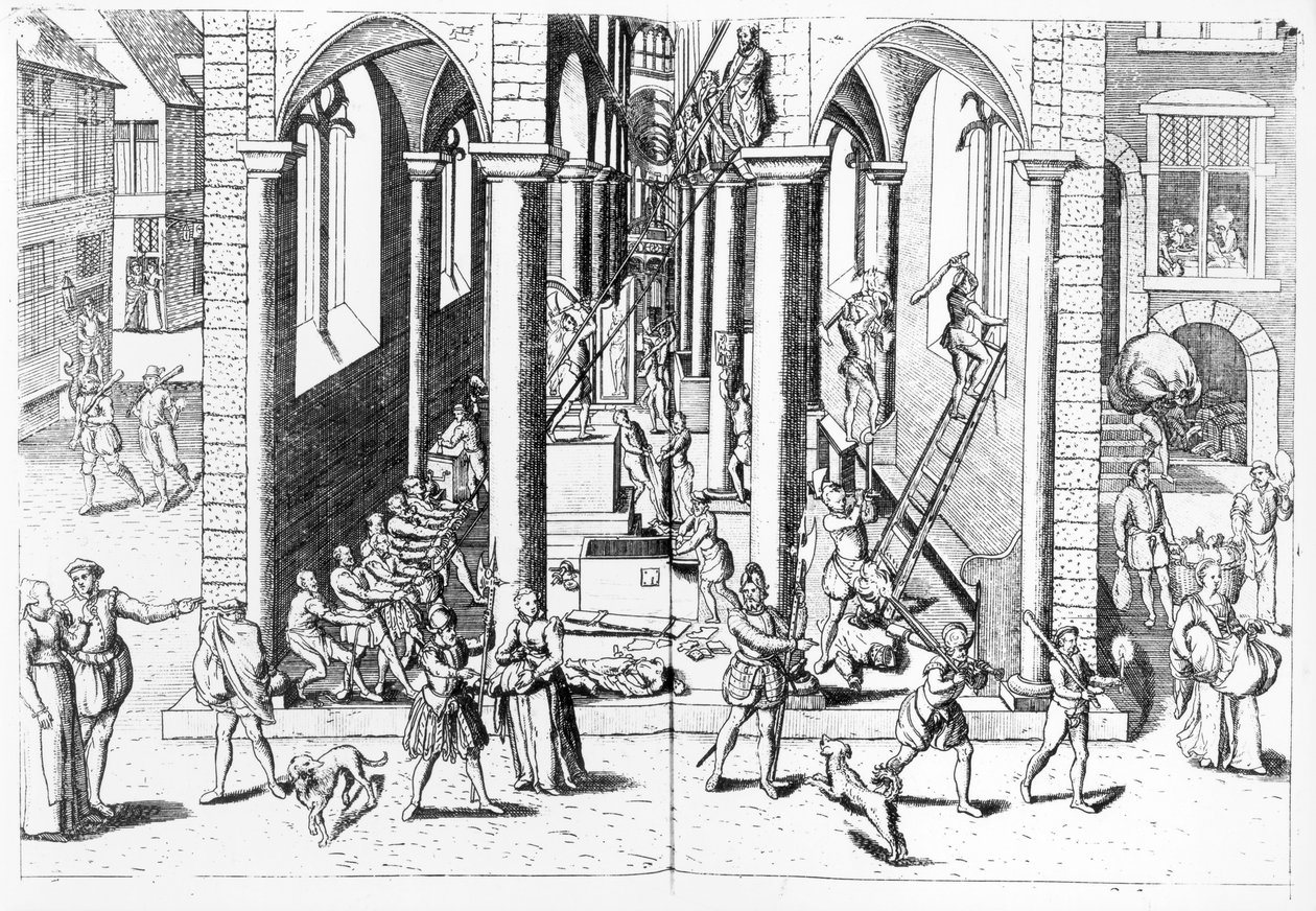 Kalvinistit tuhoavat patsaita katolisissa kirkoissa, 1566 tekijältä Flemish School